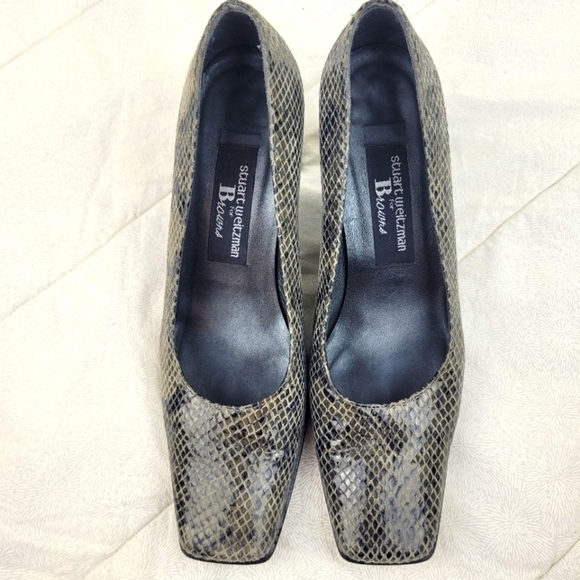 Stuart Weitzman snakeskin gray leather square toe block heel shoe pump work 6.5 - Picture 5 of 12